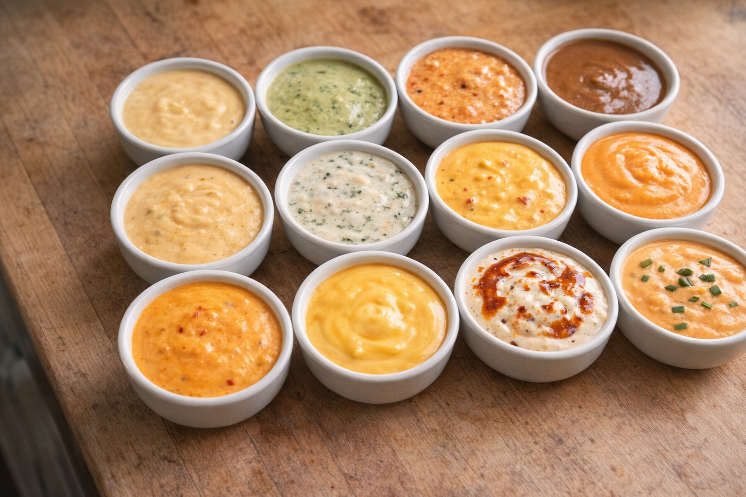 An overhead shot of twelve small bowls each containing a different cheese sauce, arranged in a grid pattern. The sauces vary in color and texture, showcasing the range of flavors.